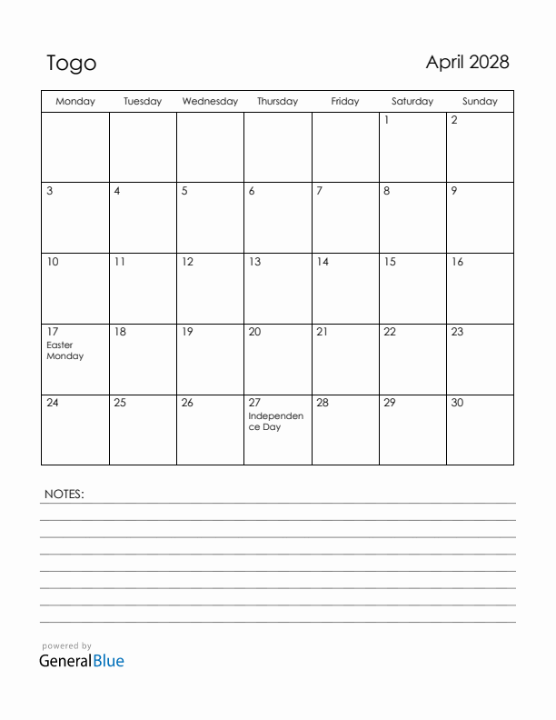 April 2028 Togo Calendar with Holidays (Monday Start)