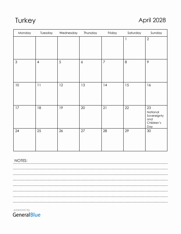 April 2028 Turkey Calendar with Holidays (Monday Start)