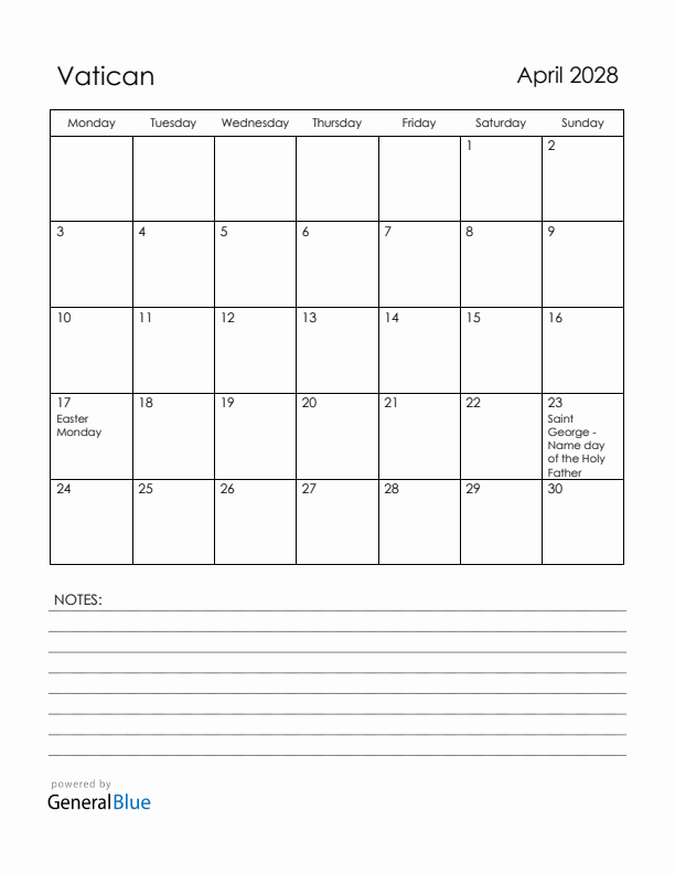 April 2028 Vatican Calendar with Holidays (Monday Start)