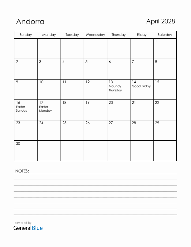 April 2028 Andorra Calendar with Holidays (Sunday Start)