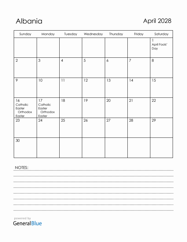 April 2028 Albania Calendar with Holidays (Sunday Start)