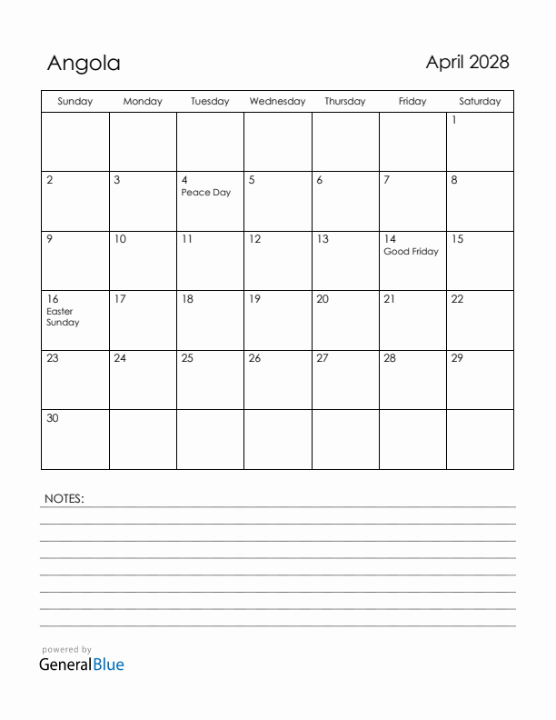 April 2028 Angola Calendar with Holidays (Sunday Start)