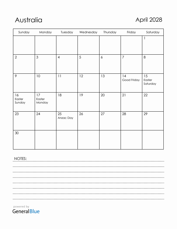 April 2028 Australia Calendar with Holidays (Sunday Start)