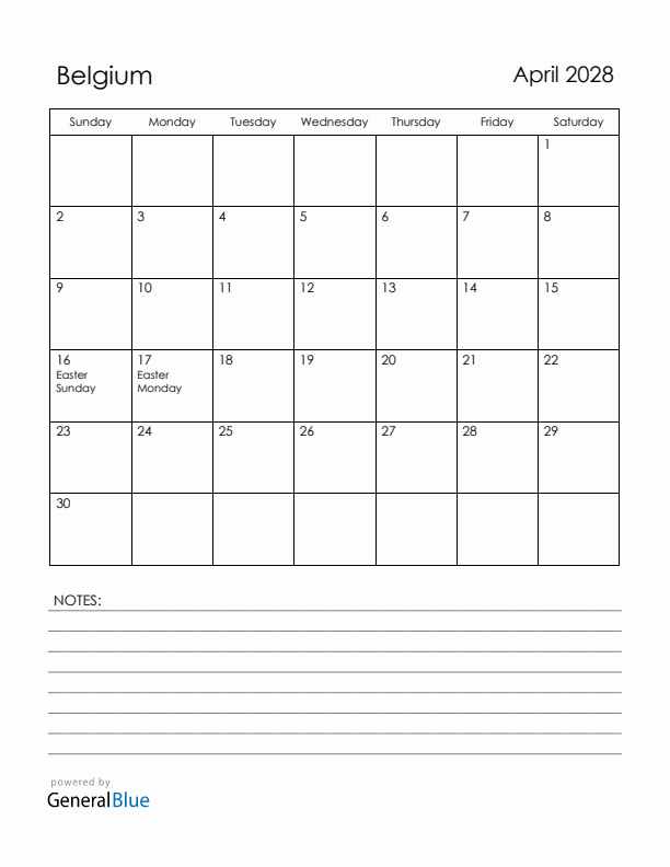April 2028 Belgium Calendar with Holidays (Sunday Start)
