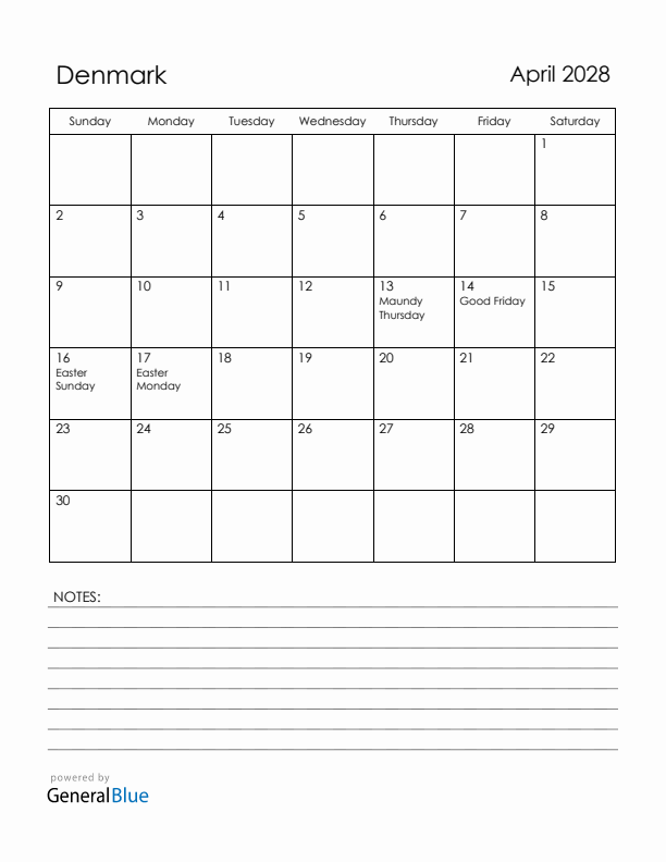 April 2028 Denmark Calendar with Holidays (Sunday Start)