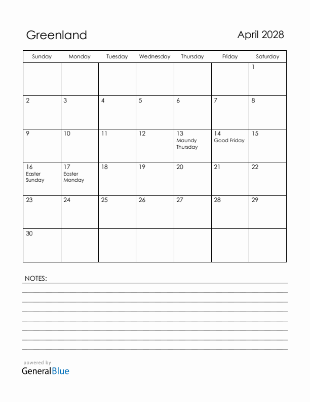 April 2028 Greenland Calendar with Holidays (Sunday Start)