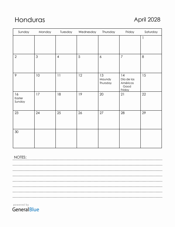 April 2028 Honduras Calendar with Holidays (Sunday Start)