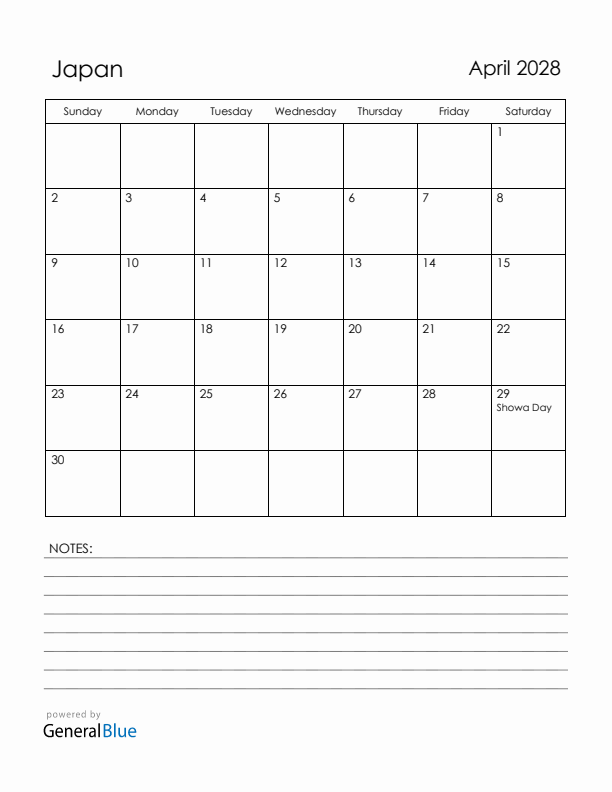 April 2028 Japan Calendar with Holidays (Sunday Start)