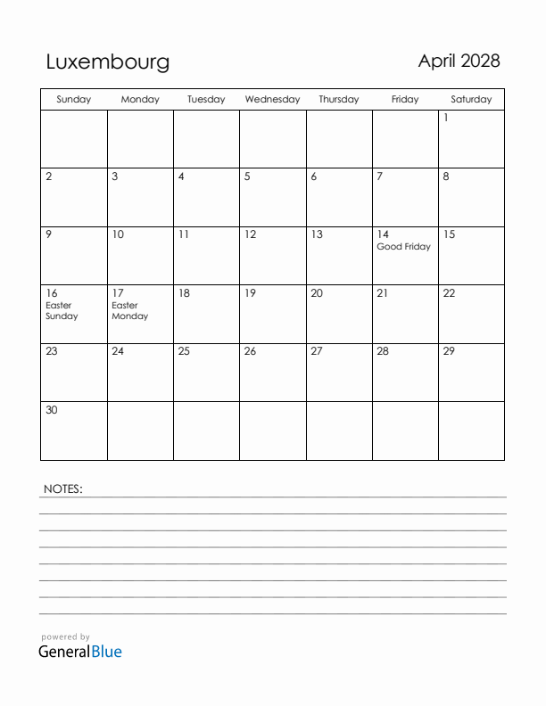 April 2028 Luxembourg Calendar with Holidays (Sunday Start)