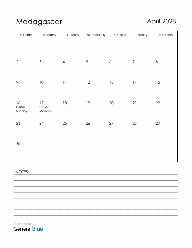 April 2028 Madagascar Calendar with Holidays (Sunday Start)