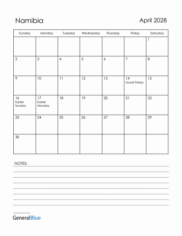 April 2028 Namibia Calendar with Holidays (Sunday Start)