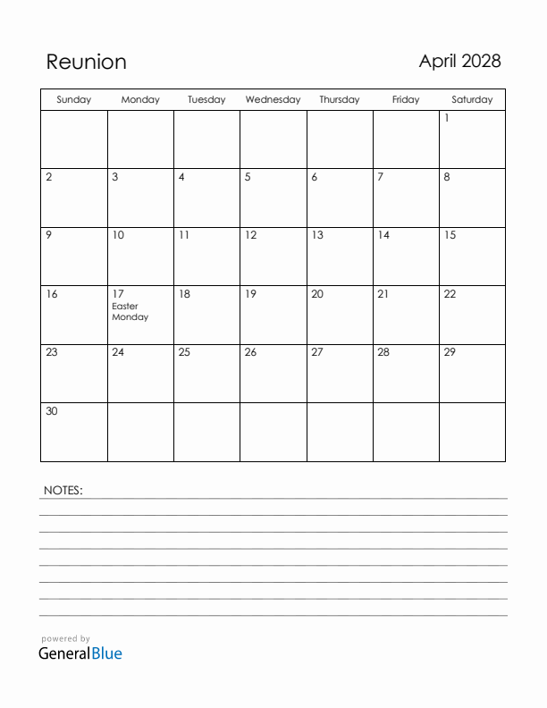 April 2028 Reunion Calendar with Holidays (Sunday Start)