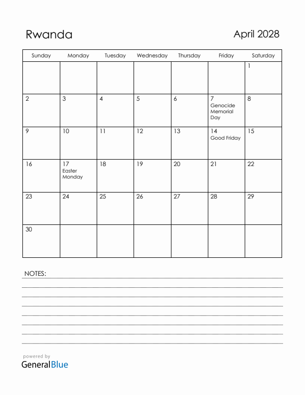 April 2028 Rwanda Calendar with Holidays (Sunday Start)