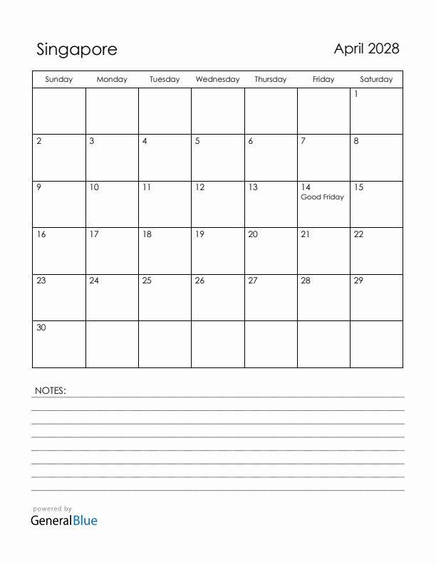 April 2028 Singapore Calendar with Holidays (Sunday Start)