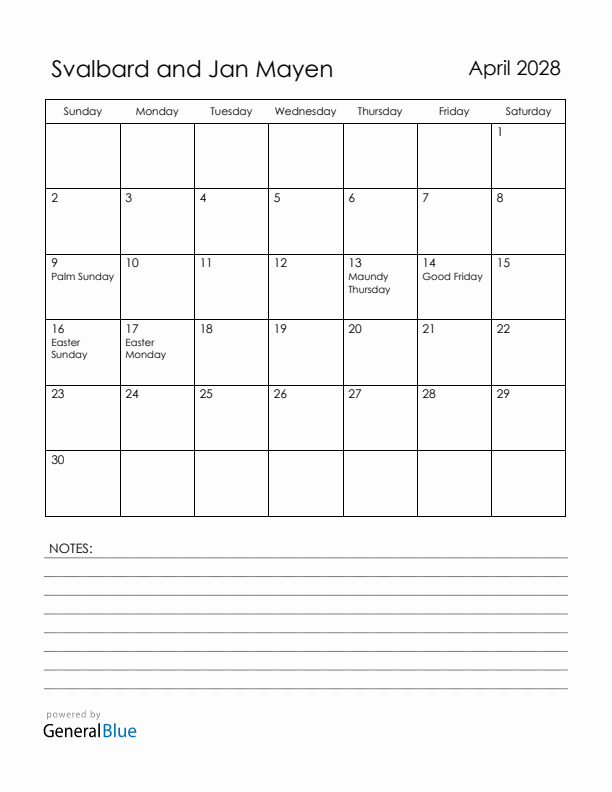 April 2028 Svalbard and Jan Mayen Calendar with Holidays (Sunday Start)