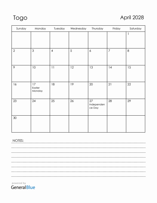 April 2028 Togo Calendar with Holidays (Sunday Start)