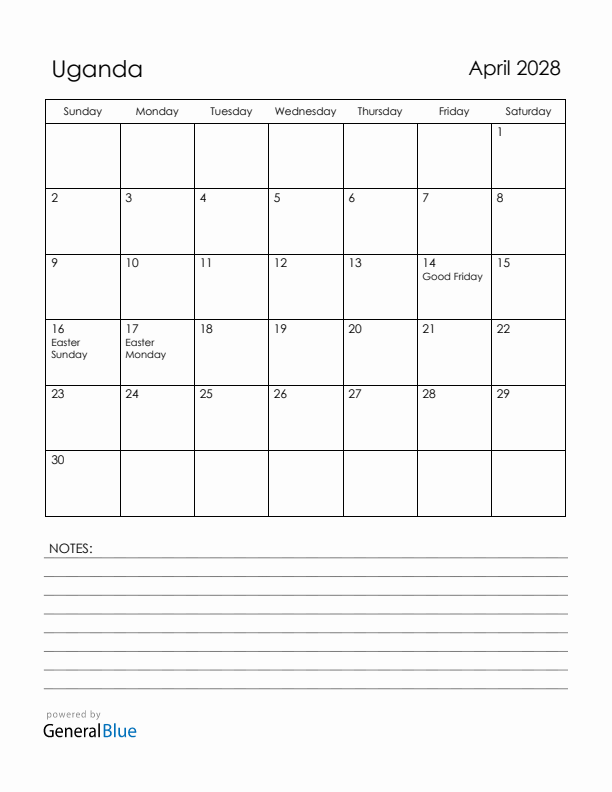 April 2028 Uganda Calendar with Holidays (Sunday Start)