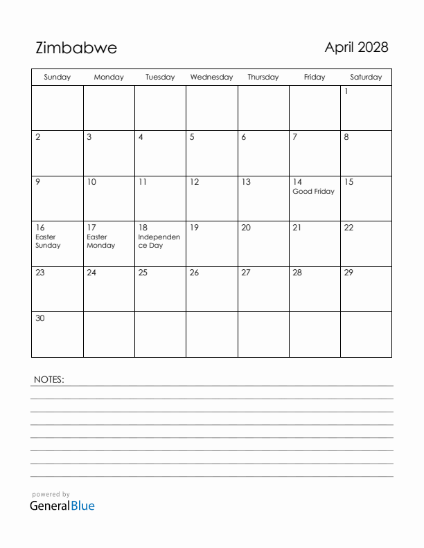 April 2028 Zimbabwe Calendar with Holidays (Sunday Start)