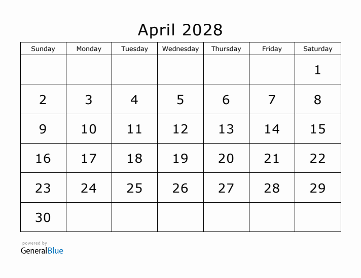 Printable April 2028 Calendar - Sunday Start