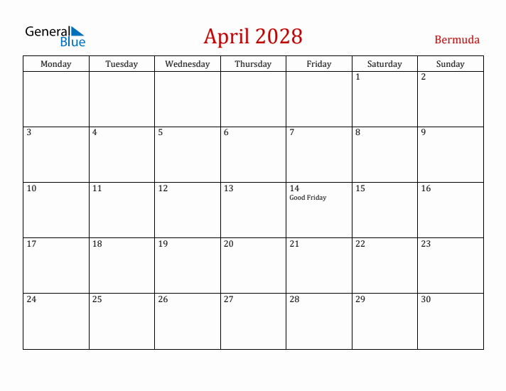 Bermuda April 2028 Calendar - Monday Start