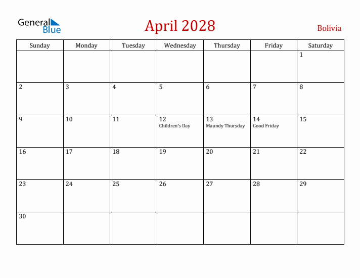 Bolivia April 2028 Calendar - Sunday Start