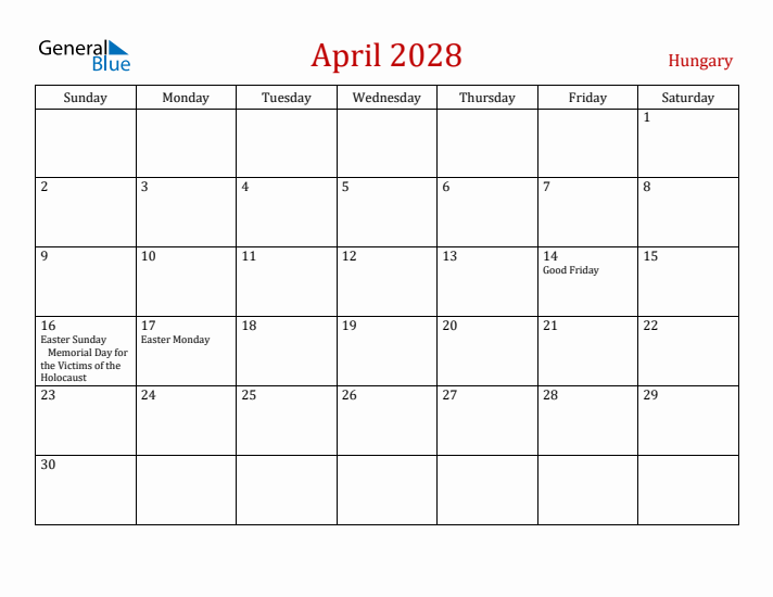 Hungary April 2028 Calendar - Sunday Start