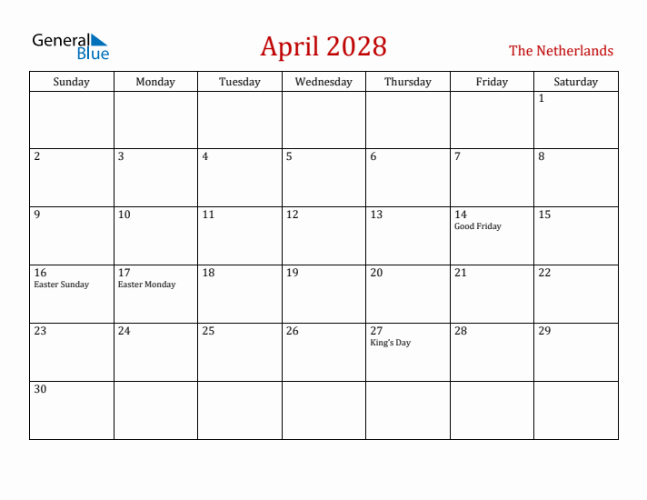 The Netherlands April 2028 Calendar - Sunday Start