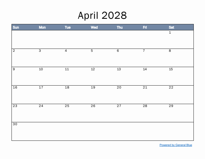 April 2028 Simple Month Calendar Template