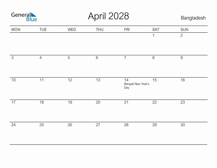 Printable April 2028 Calendar for Bangladesh