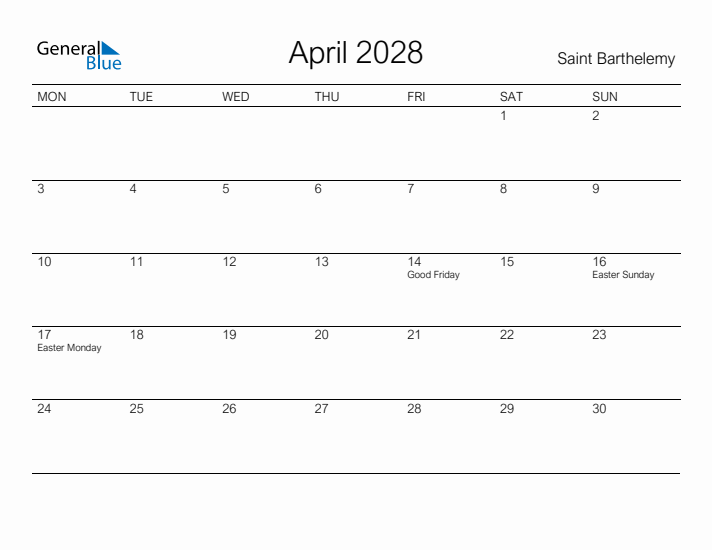 Printable April 2028 Calendar for Saint Barthelemy