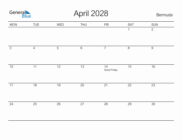 Printable April 2028 Calendar for Bermuda