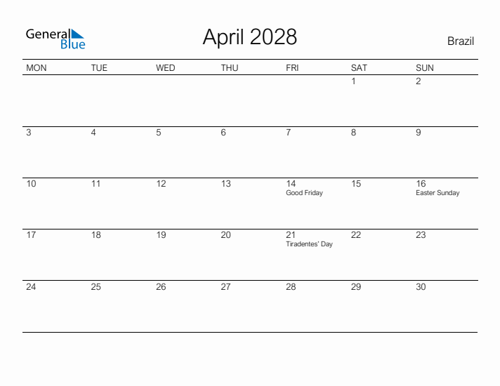 Printable April 2028 Calendar for Brazil