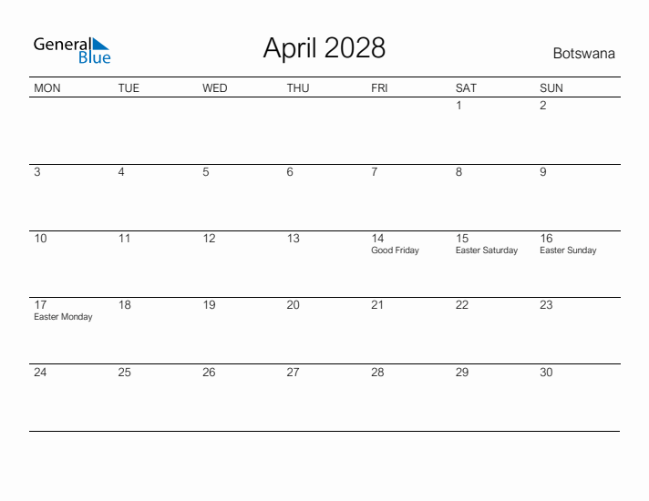 Printable April 2028 Calendar for Botswana