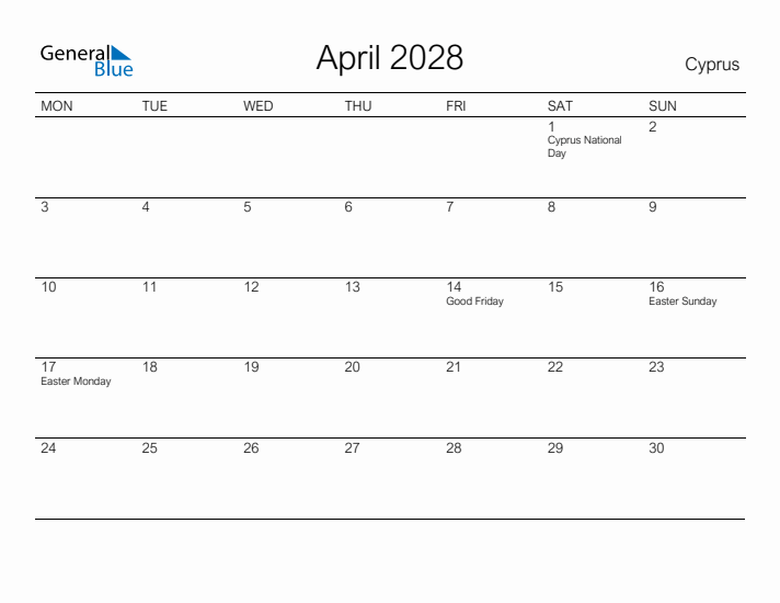 Printable April 2028 Calendar for Cyprus