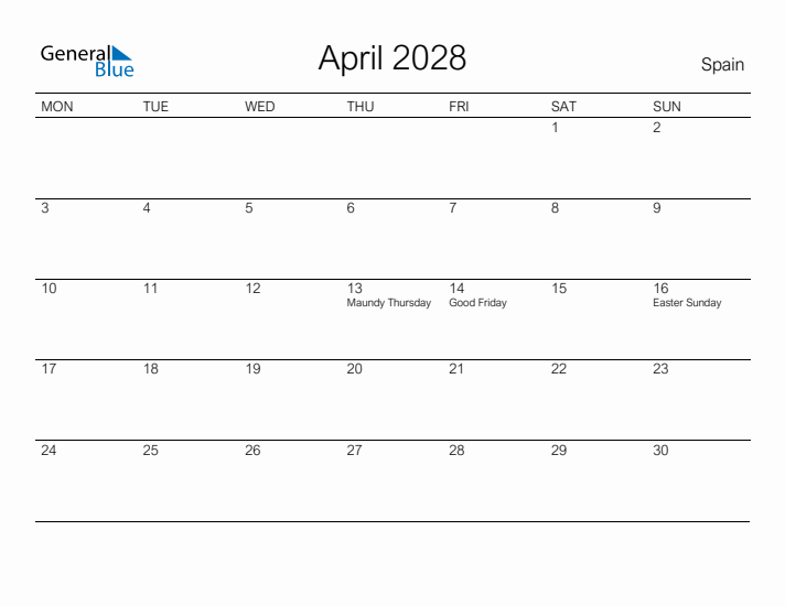 Printable April 2028 Calendar for Spain