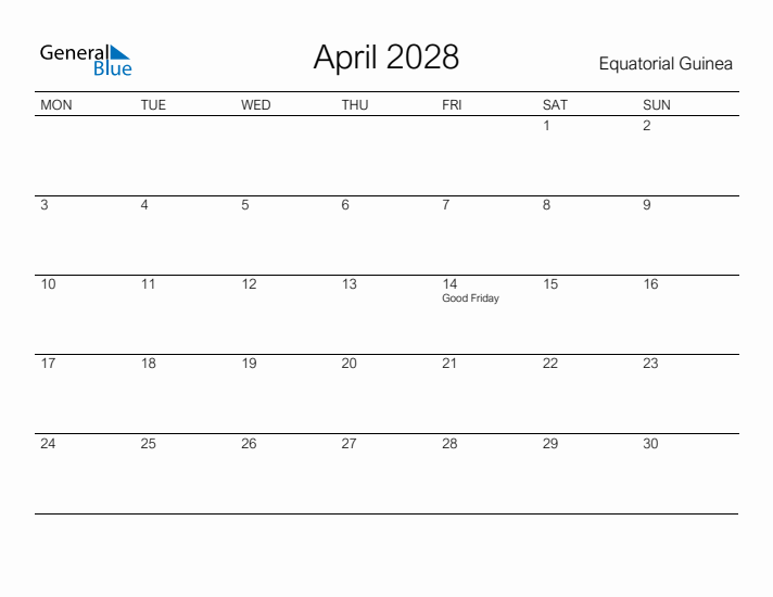 Printable April 2028 Calendar for Equatorial Guinea