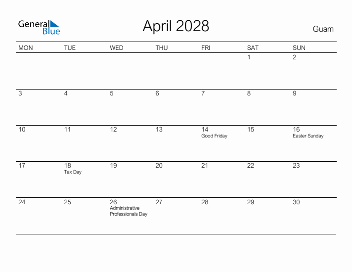 Printable April 2028 Calendar for Guam