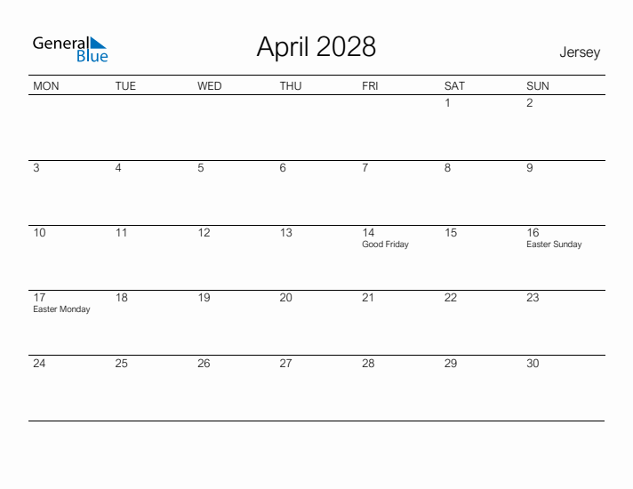 Printable April 2028 Calendar for Jersey