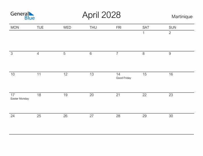 Printable April 2028 Calendar for Martinique