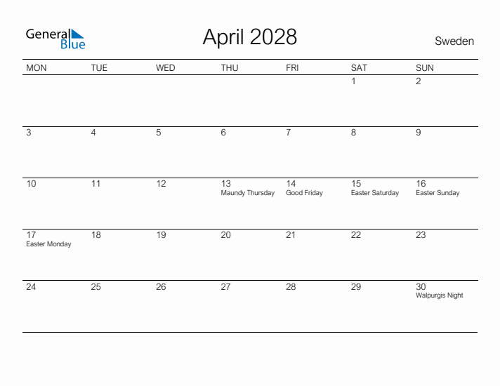 Printable April 2028 Calendar for Sweden