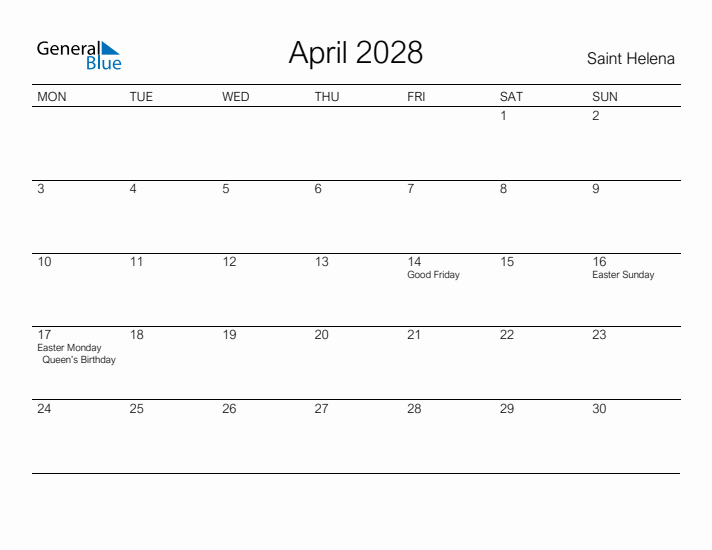 Printable April 2028 Calendar for Saint Helena