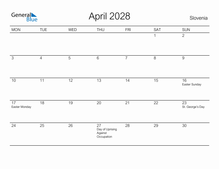 Printable April 2028 Calendar for Slovenia