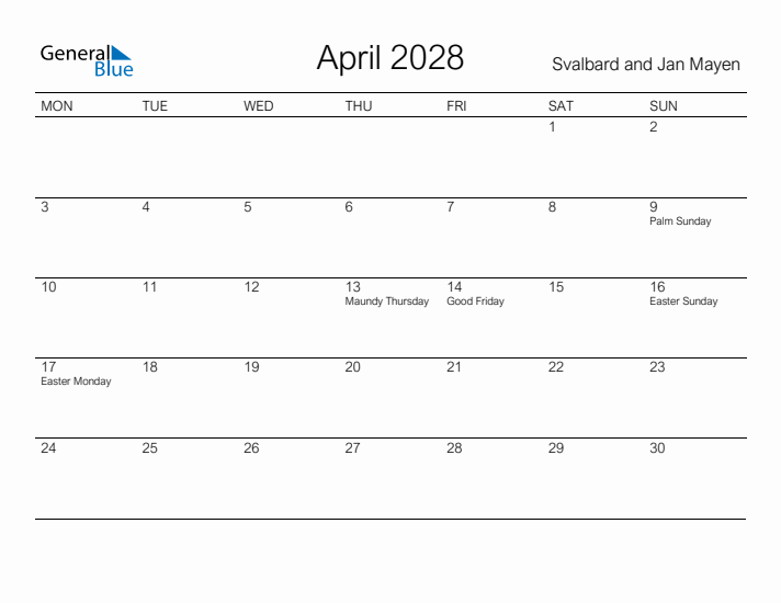 Printable April 2028 Calendar for Svalbard and Jan Mayen