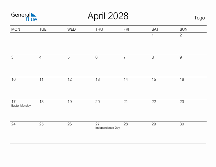 Printable April 2028 Calendar for Togo