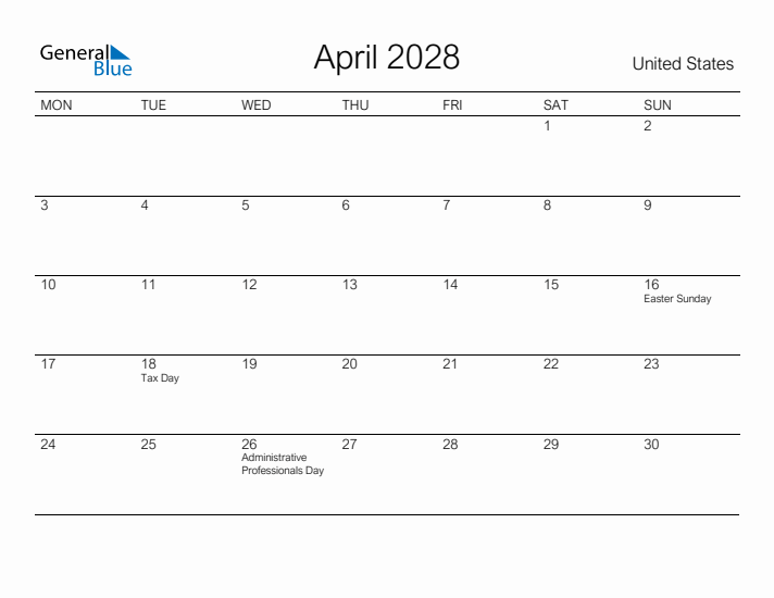 Printable April 2028 Calendar for United States