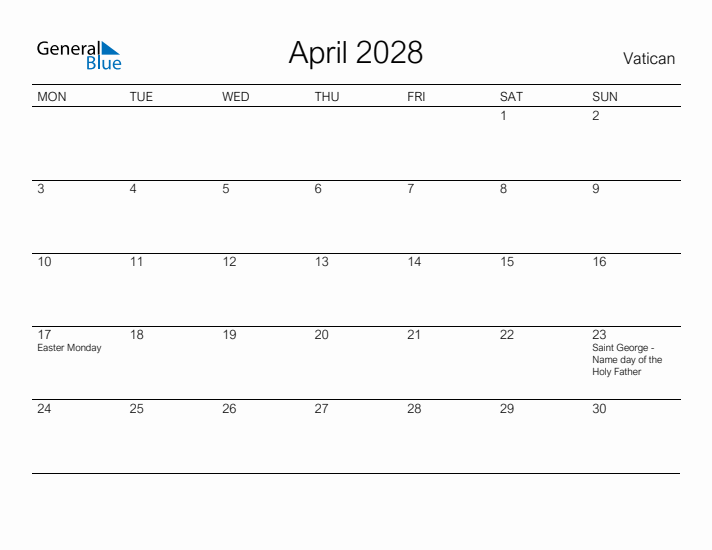 Printable April 2028 Calendar for Vatican