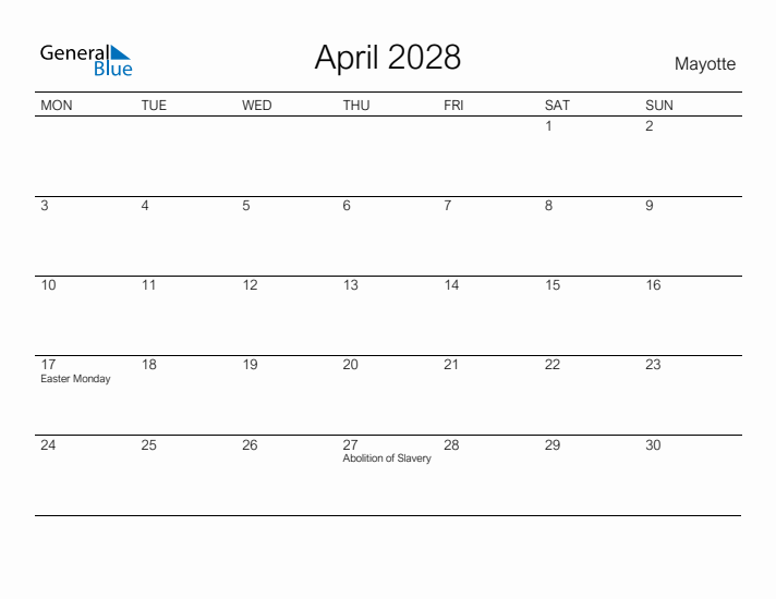 Printable April 2028 Calendar for Mayotte