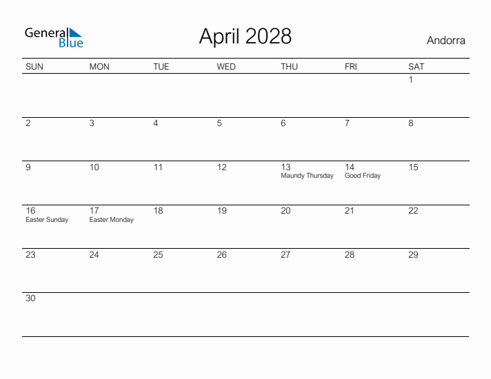 Printable April 2028 Calendar for Andorra