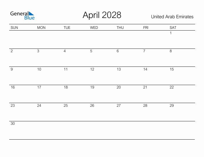 Printable April 2028 Calendar for United Arab Emirates