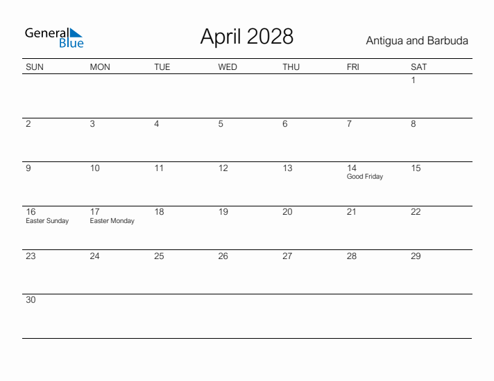 Printable April 2028 Calendar for Antigua and Barbuda